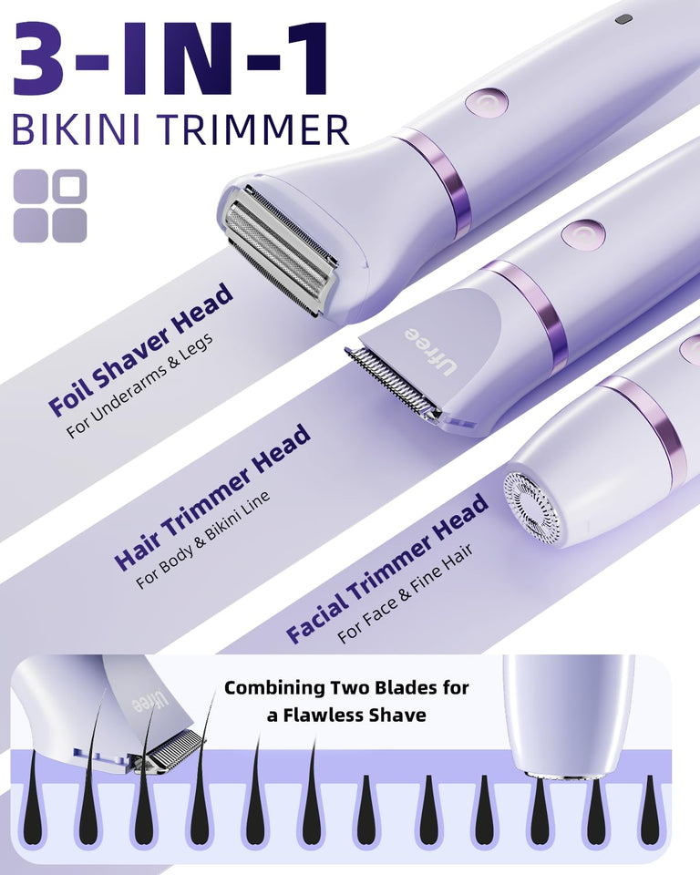 Ufree Bikini Trimmer Electric Razor for Women Ceramic Blade IPX7 Waterproof Rechargeable Lady Shaver Purple