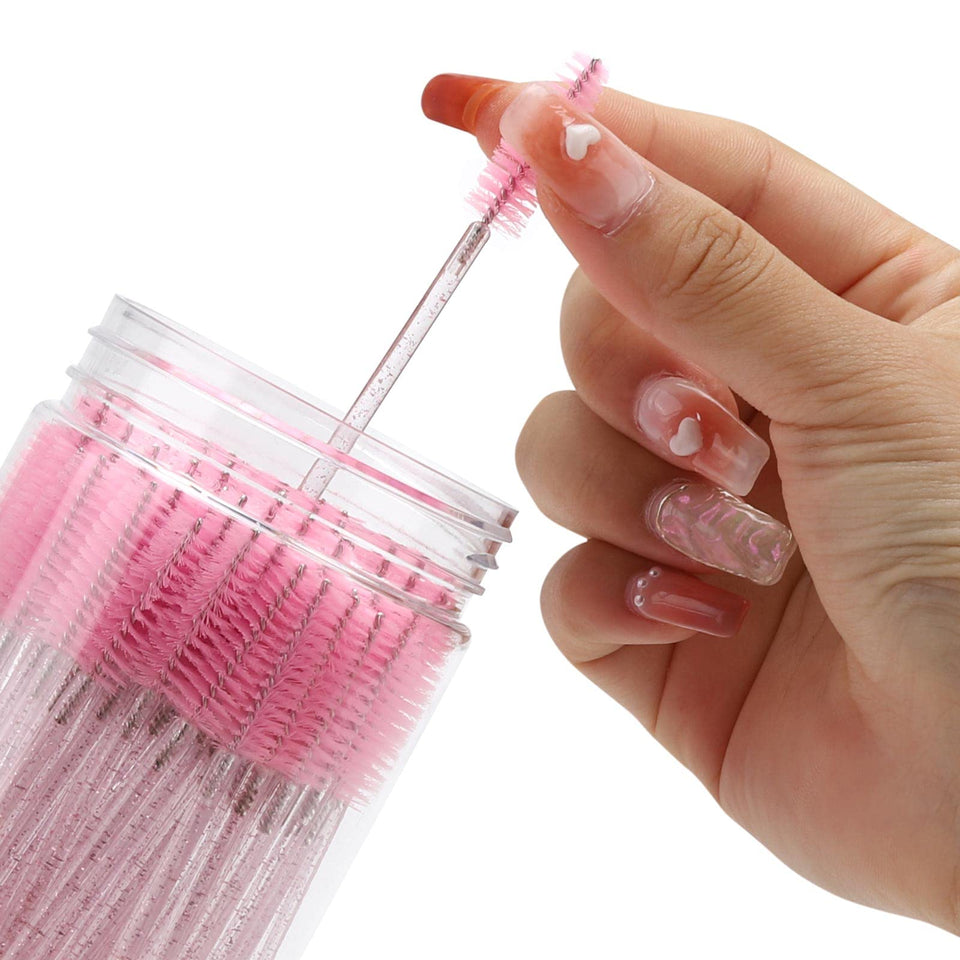 100 Piece Disposable Mascara Wands Crystal Eyebrow Spoolies for Eyelash Extensions Pink with Container