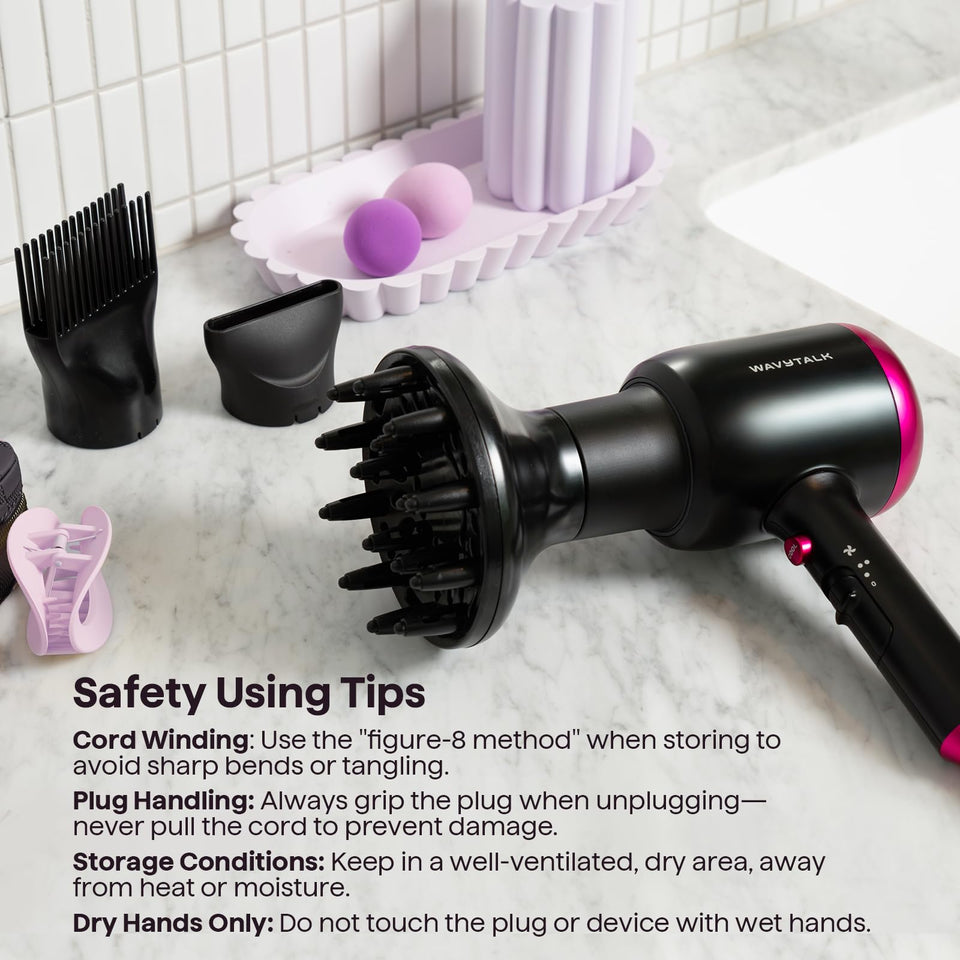 Wavytalk Ionic Hair Dryer 1875W with Diffuser for Curly Hair Ceramic Technology 3 Attachments Black