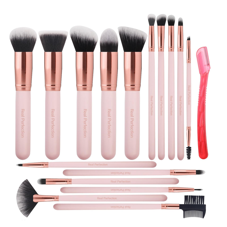 Real Perfection 16 piece makeup brush set eyebrow razor synthetic pink gift - BuyO