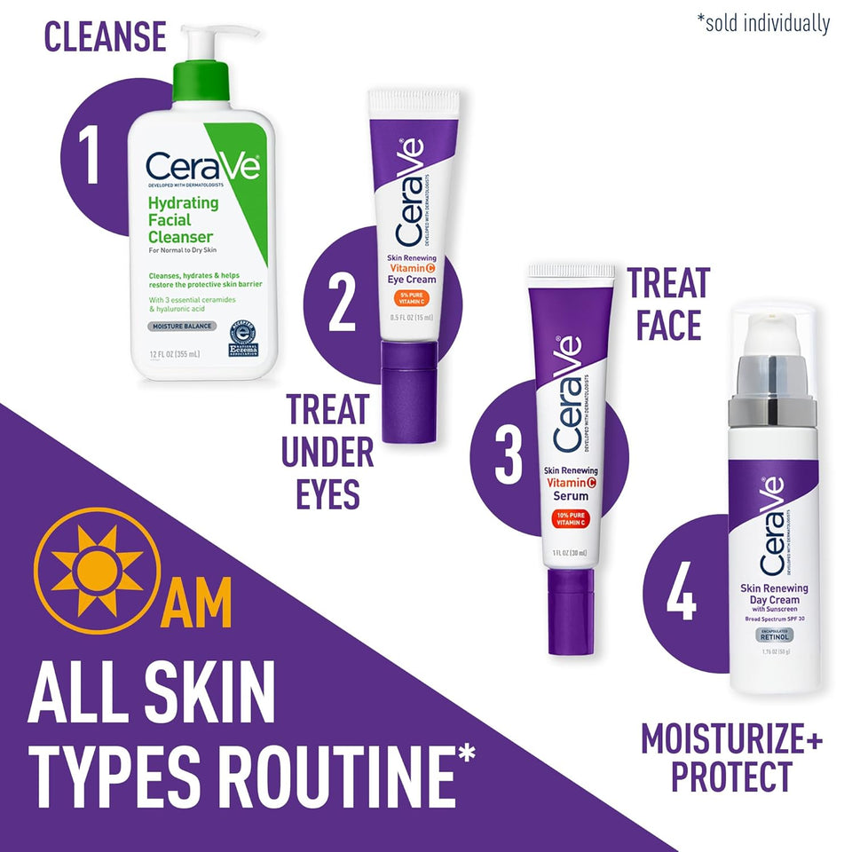 CeraVe Skin Renewing Vitamin C Eye Cream for Dark Circles & Puffiness with Ceramides 0.5 Oz