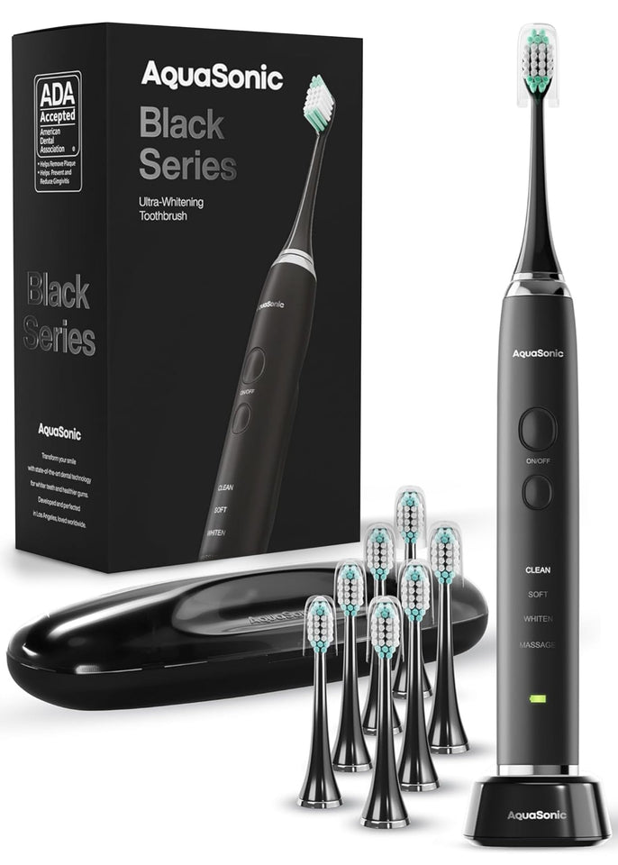 Aquasonic Black Series whitening electric toothbrush ADA 40000 VPM 8 heads wireless charging - BuyO