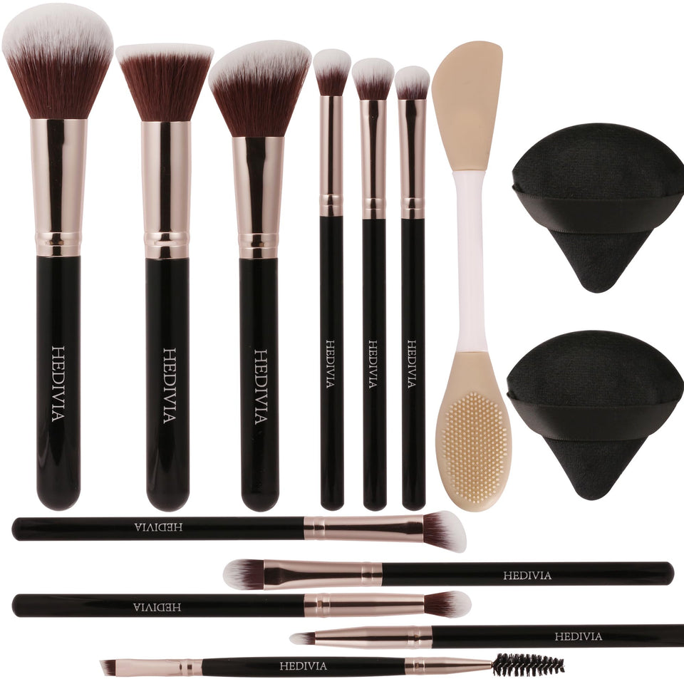 HEDIVIA 14 piece black makeup brush set synthetic powder puff dual mask applicator - BuyO