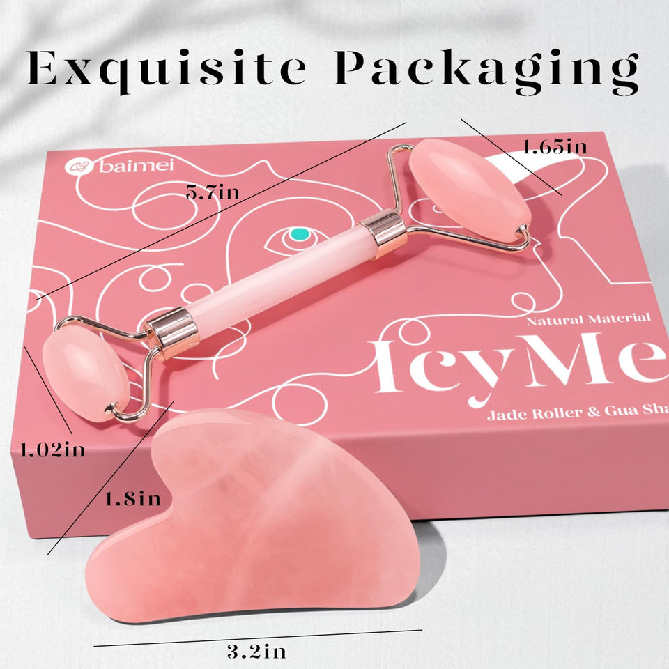BAIMEI IcyMe Rose Quartz Roller Gua Sha Set Cooling Depuffing Lymphatic Massage Sculpting Pink