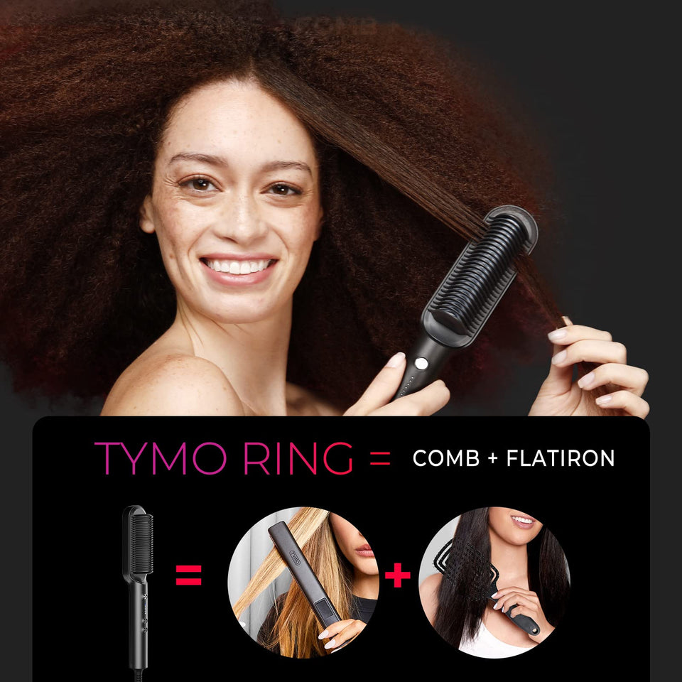 TYMO Ring Hair Straightener Brush Comb 5 Temps 20s Fast Heating Dual Voltage Black