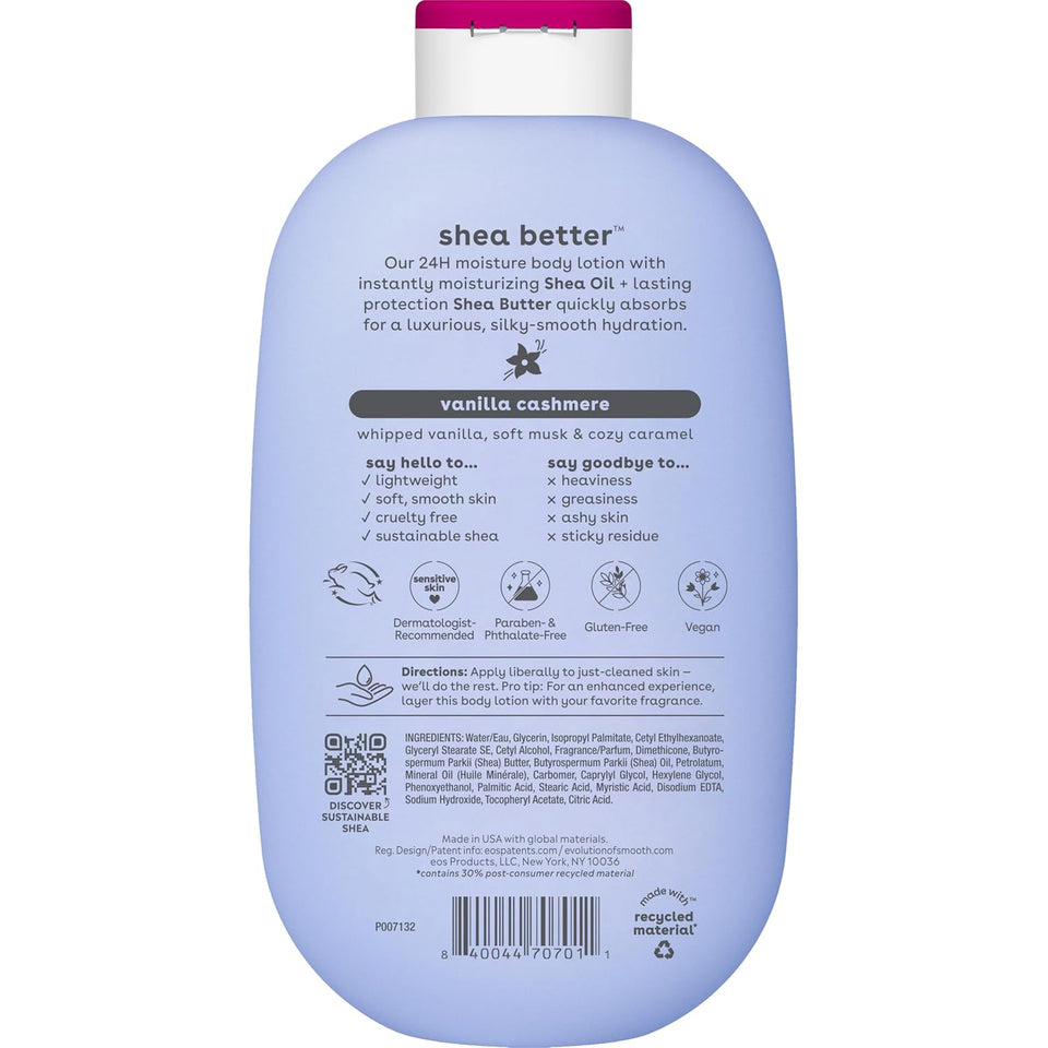 eos Shea Better Body Lotion Vanilla Cashmere Lightweight Non Greasy Moisturizer for Dry Skin Care