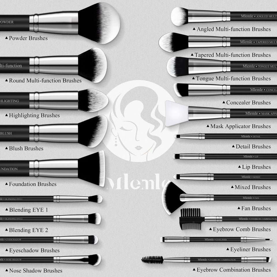 Mlemle 25 Piece Professional Makeup Brush Set Foundation Powder Blush Concealer Eyeshadow Sponge Black