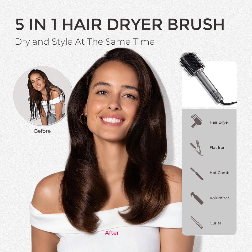 TYMO 4.0 Ionic Blow Dryer Brush 5-in-1 Lightweight 3X Faster Drying Anti-Frizz Metal Grey