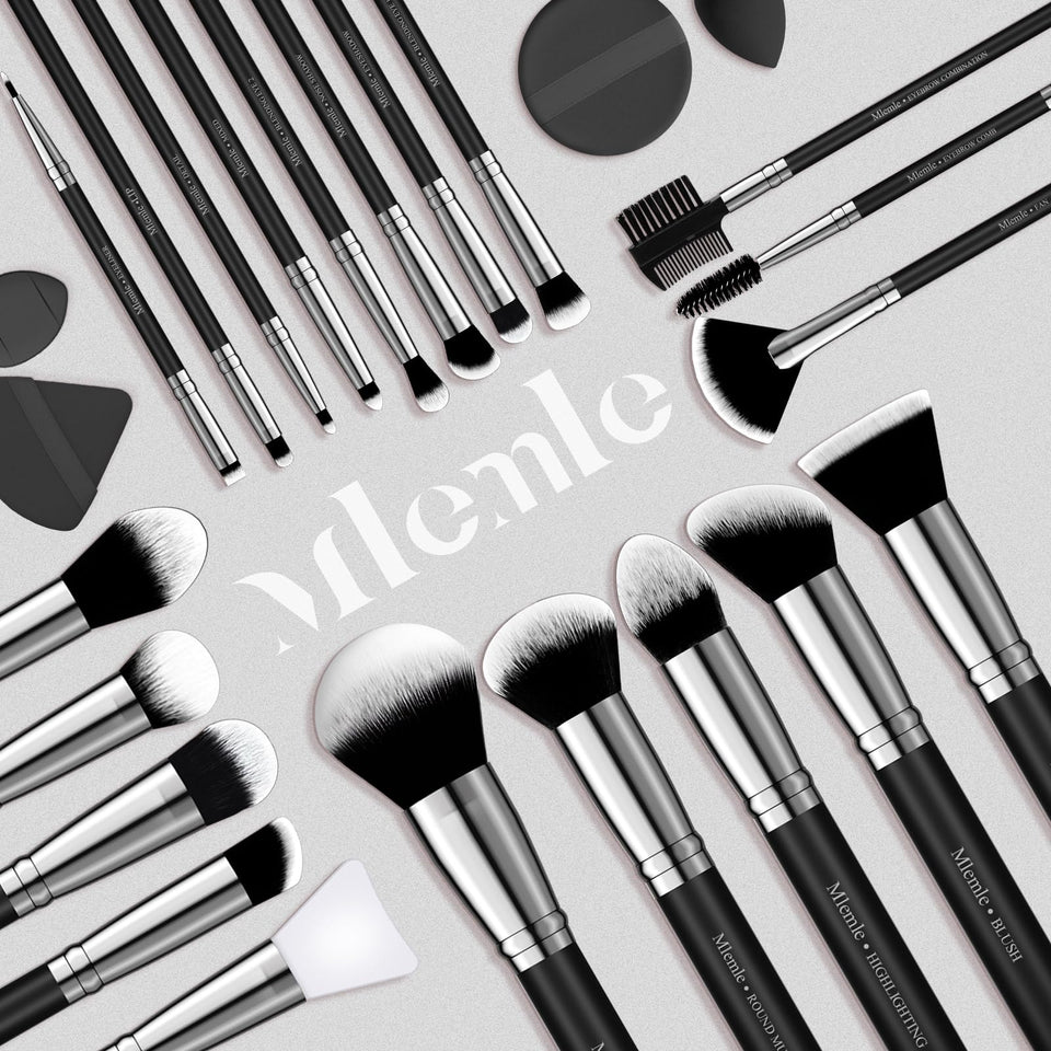 Mlemle 25 Piece Professional Makeup Brush Set Foundation Powder Blush Concealer Eyeshadow Sponge Black