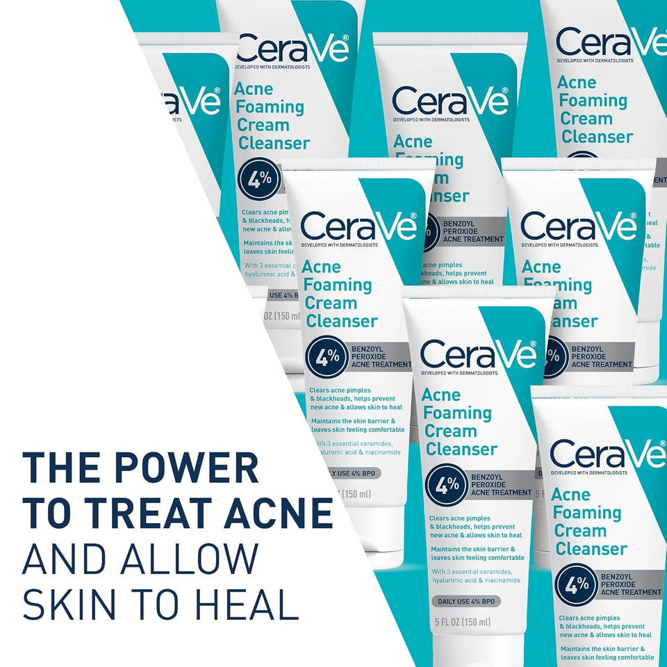 CeraVe Acne Foaming Cream Cleanser with 4% Benzoyl Peroxide Niacinamide & Ceramides Face Wash