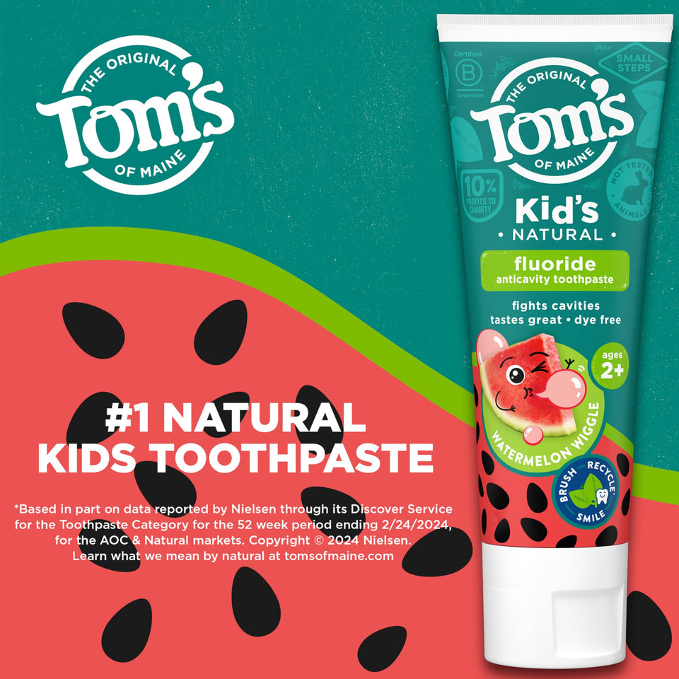 Tom’s of Maine Watermelon Wiggle Kids Toothpaste with Fluoride for Daily Cavity Protection Care