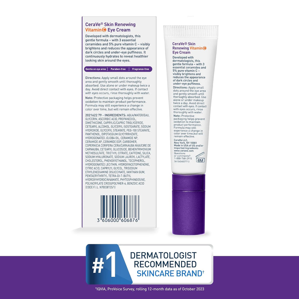 CeraVe Skin Renewing Vitamin C Eye Cream for Dark Circles & Puffiness with Ceramides 0.5 Oz