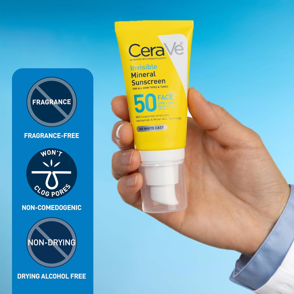 CeraVe Invisible Mineral Sunscreen SPF 50 with Zinc Oxide & Titanium Dioxide Face Sunscreen 1.62 Oz