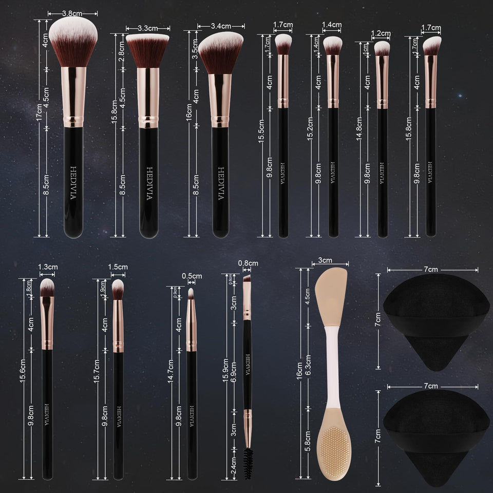 HEDIVIA 14 Piece Black Makeup Brushes Set Professional Synthetic Foundation Concealer Powder Blush Eyeshadow with Powder Puff