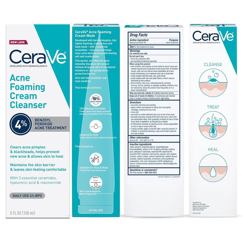 CeraVe Acne Foaming Cream Cleanser with 4% Benzoyl Peroxide Niacinamide & Ceramides Face Wash