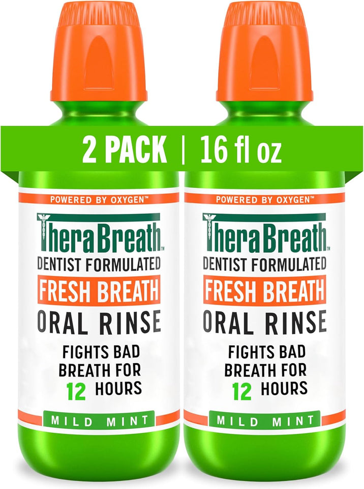 TheraBreath Fresh Breath Mouthwash, Mild Mint Flavor, Alcohol-Free, 16 Fl Oz (2-Pack)