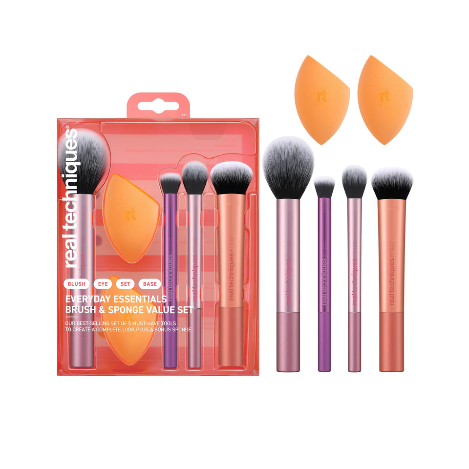 Real Techniques 6 piece everyday essentials brush set 4 brushes 2 sponges gift - BuyO