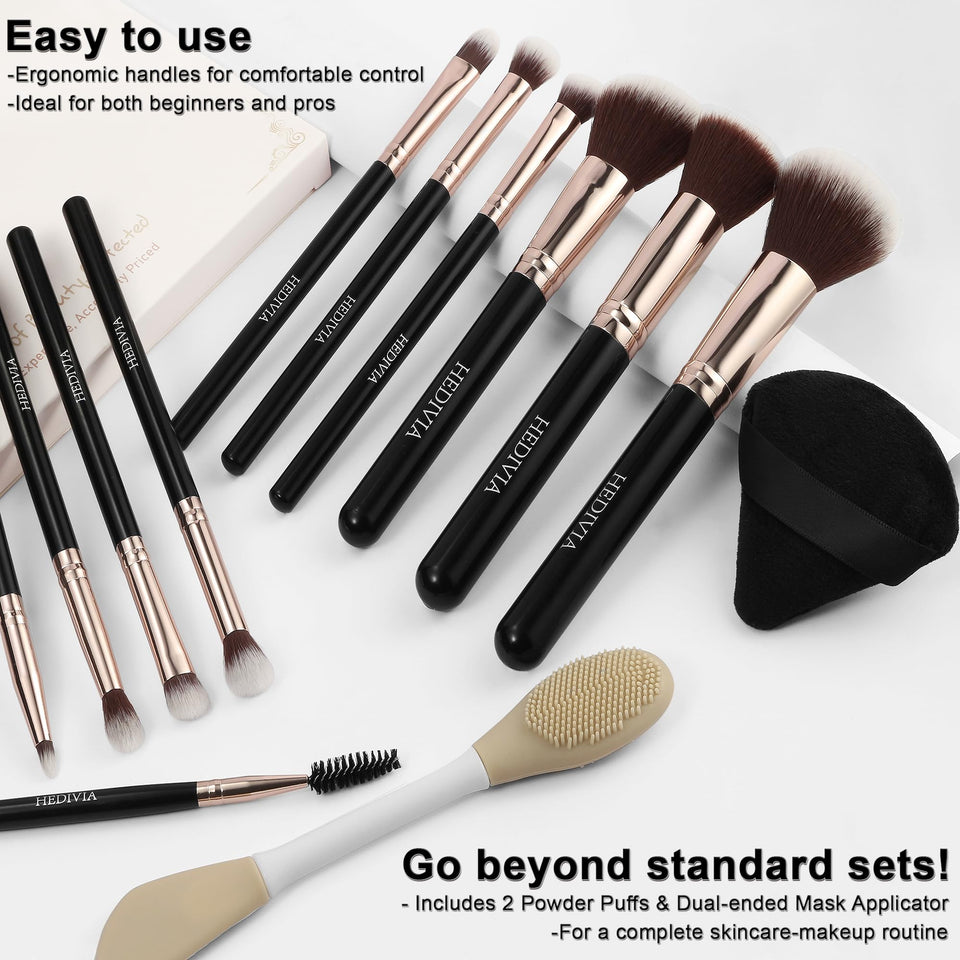 HEDIVIA 14 Piece Black Makeup Brushes Set Professional Synthetic Foundation Concealer Powder Blush Eyeshadow with Powder Puff