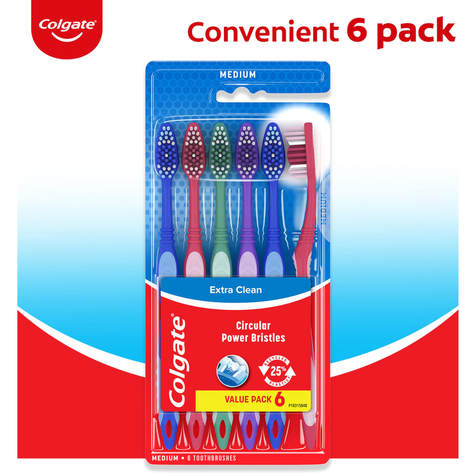 Colgate Extra Clean Medium Toothbrush for Adults 6 Pack Cleaning Tip Bristles