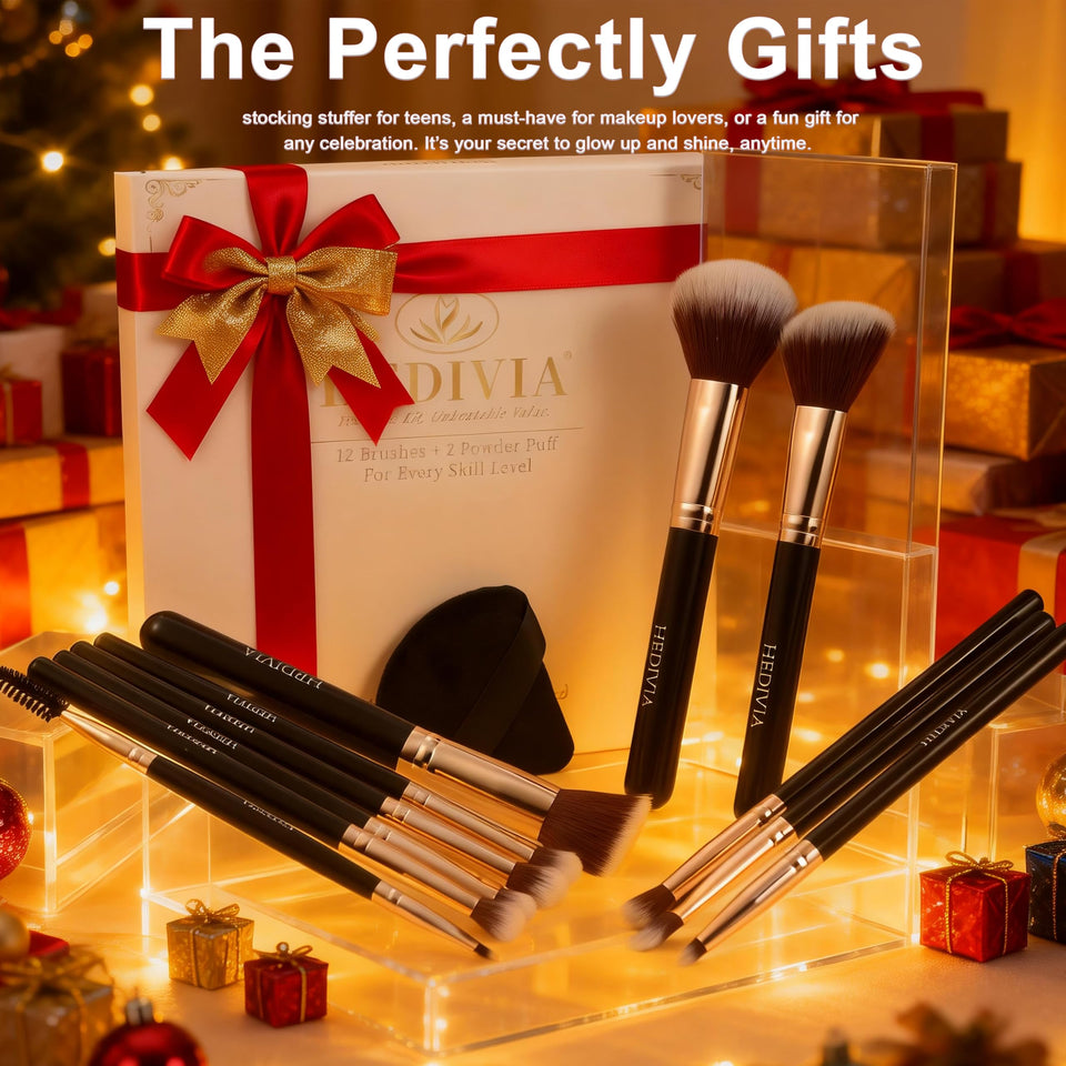 HEDIVIA 14 Piece Black Makeup Brushes Set Professional Synthetic Foundation Concealer Powder Blush Eyeshadow with Powder Puff