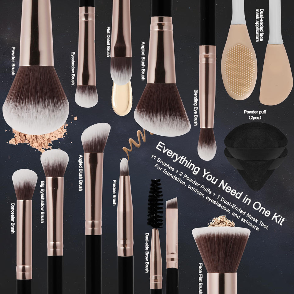 HEDIVIA 14 Piece Black Makeup Brushes Set Professional Synthetic Foundation Concealer Powder Blush Eyeshadow with Powder Puff
