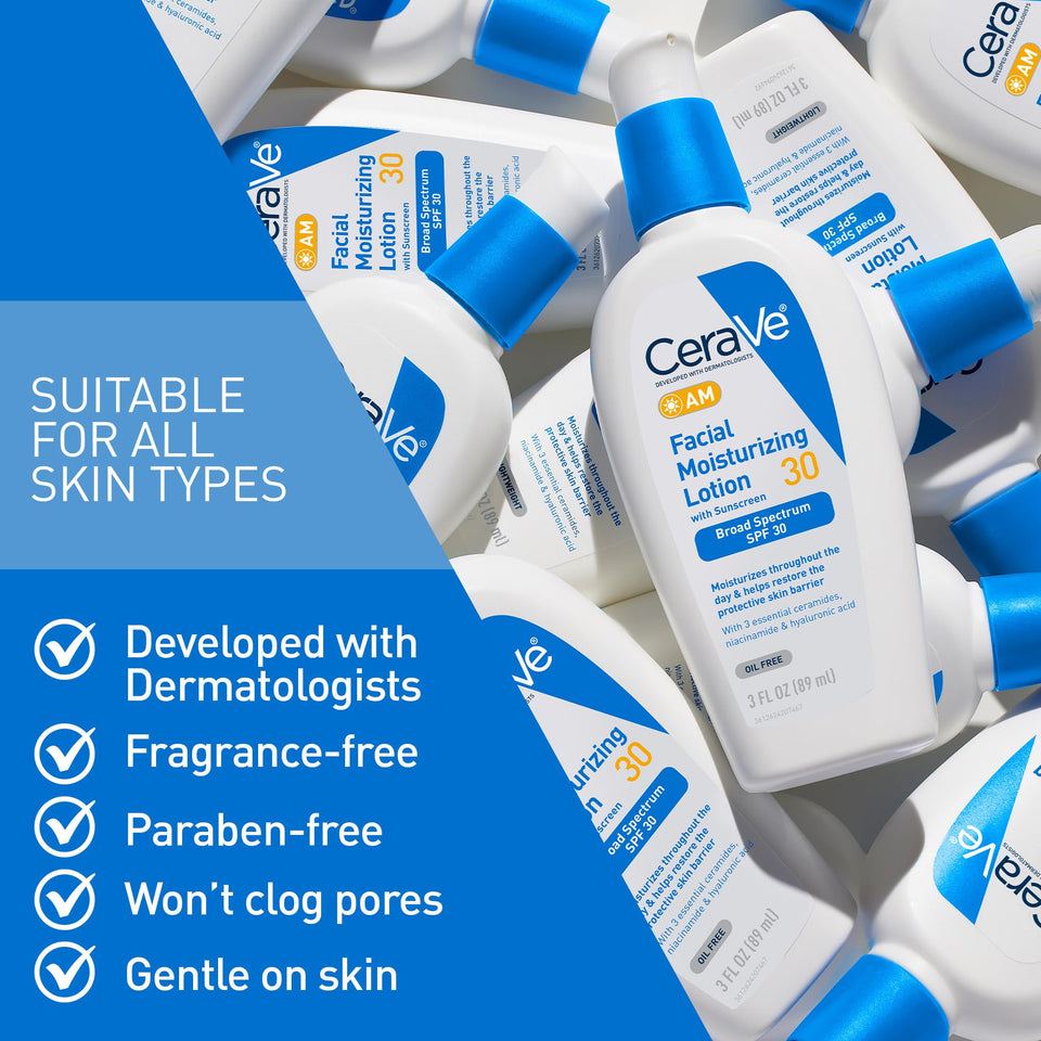 CeraVe AM Facial Moisturizing Lotion SPF 30 with Hyaluronic Acid Niacinamide & Ceramides 3 Oz