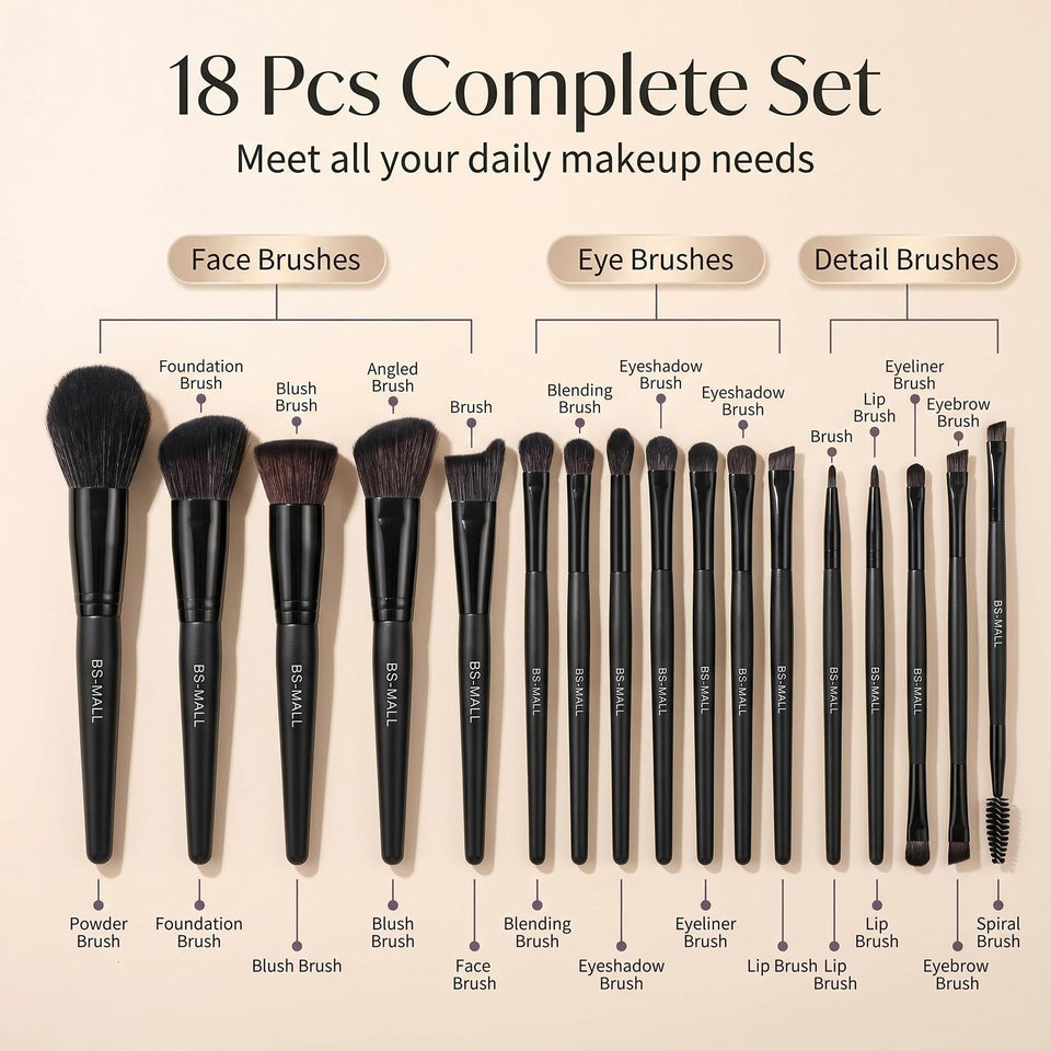 BS MALL Makeup Brush Set 18 Piece Professional Cosmetic Brushes with Black Case for Flawless Makeup