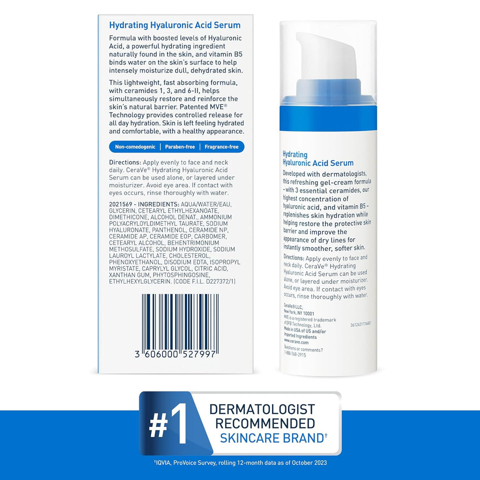 CeraVe Hyaluronic Acid Serum for Face with Vitamin B5 & Ceramides Deep Hydration 1 Oz