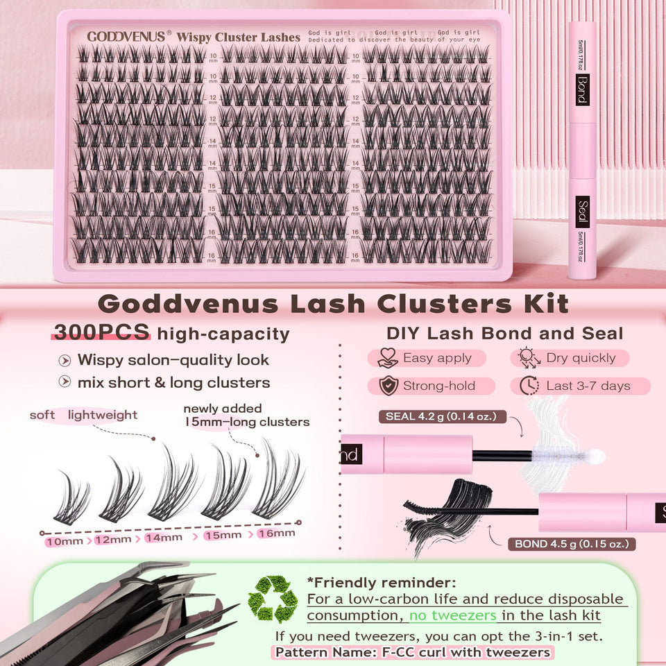 Goddvenus Lash Clusters Kit 300 Piece Wispy DIY Eyelash Extensions C Curl 10-16mm Natural Look
